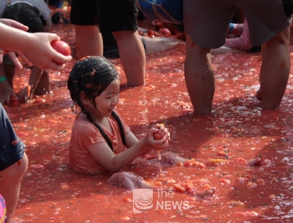 토마토 바다에 앉아 금반지를 찾고 있는 어린이 <사진 김재봉 기자>