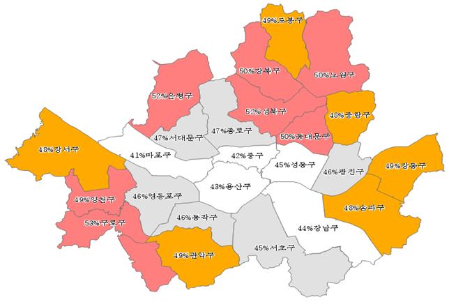 서울시 구별 단독·다가구 주택의 평균 공시가격 시세반영률