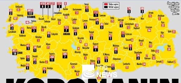 터키 코로나-19 전국 감염 현황 지도(4월 1일 현재).