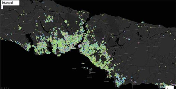 터키에서 코로나-19 확진자가 가장 많은 이스탄불 확진자 현황 지도. <사진 Milliyet>