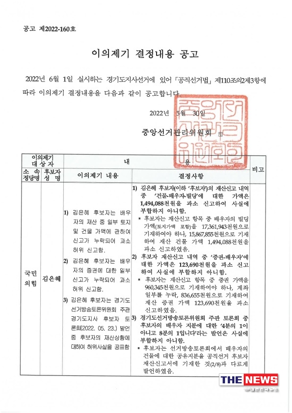 중앙선거관리위원회 김은혜 후보 관련 공고문