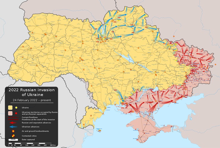 러시아-우크라이나 전쟁 현황도, 러시아는 원래 목표했던 우크라이나 동부권을 점령하고 있다.